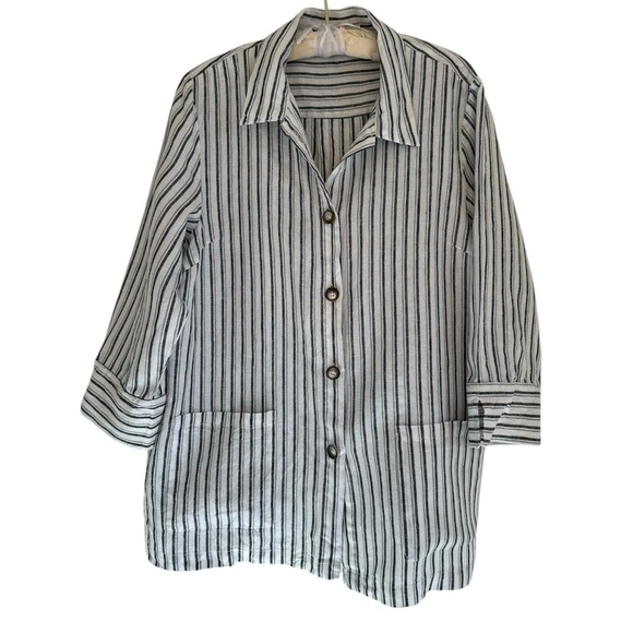 Coldwater Creek Tops - Coldwater Creek Womens Gray Striped 100% Linen 3/4 Sleeve Shirt XL Lagenlook Top